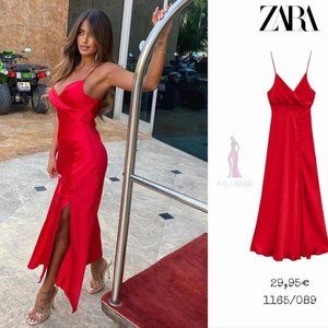 NWT ZARA Satin Effect Buttoned Slip Dress - S Red